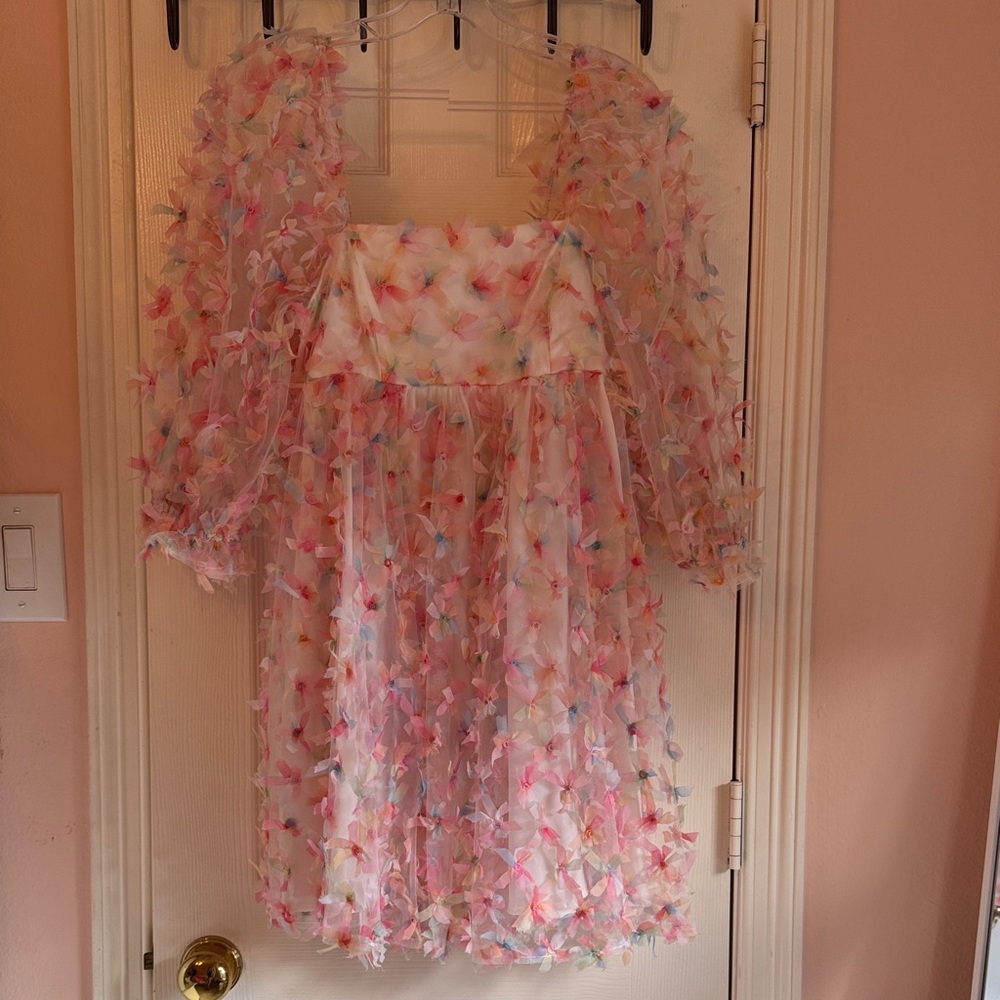 STORIA Women Sheer Babydoll 3D fairy whimsical lined mini Dress! MINT CONDITION!